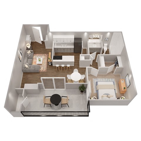 Floor plan for 1 bed, 1 bath, 730 sqft